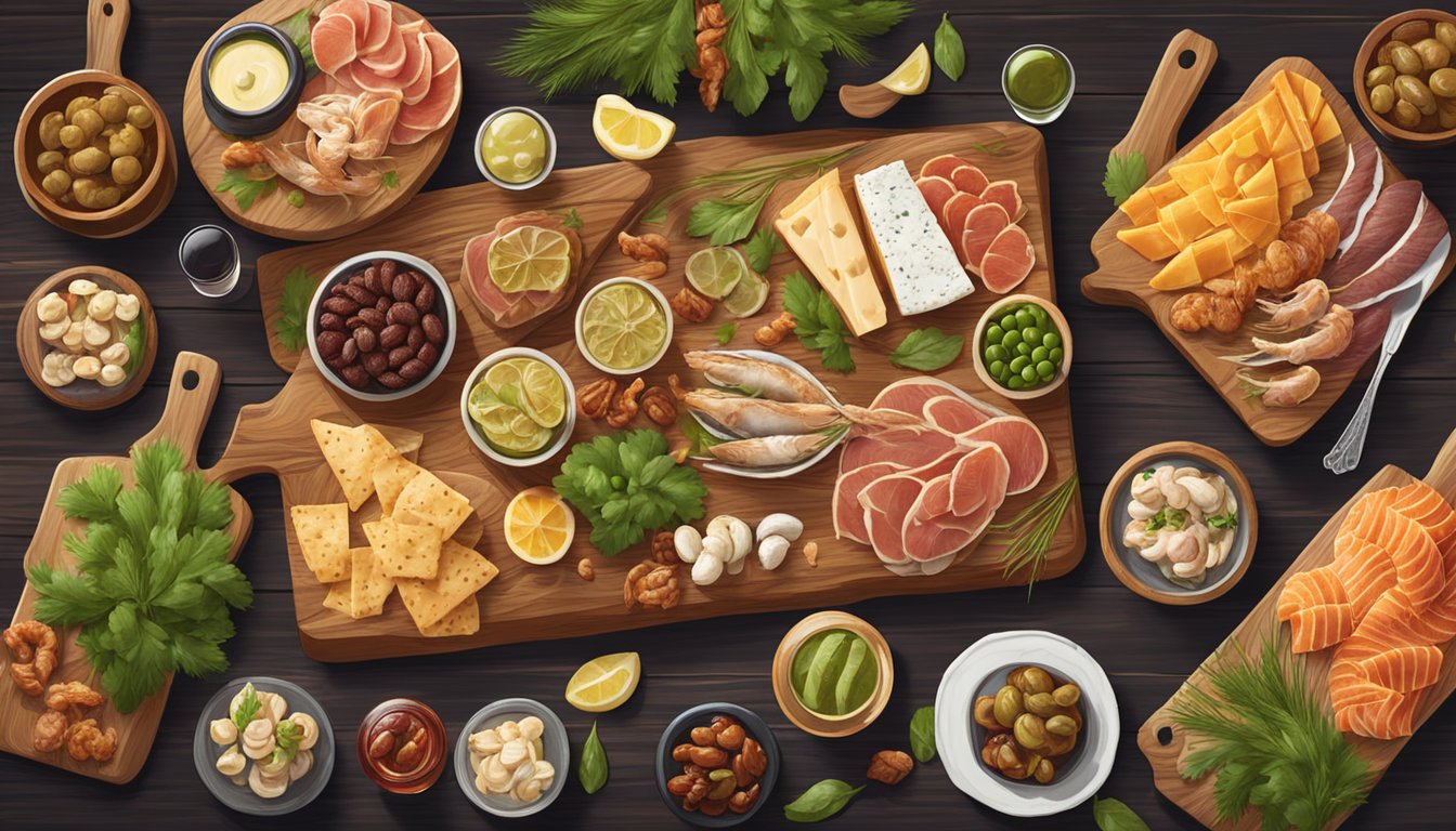 A rustic wooden charcuterie board with a variety of fish and seafood appetizers, surrounded by glasses of wine and beer