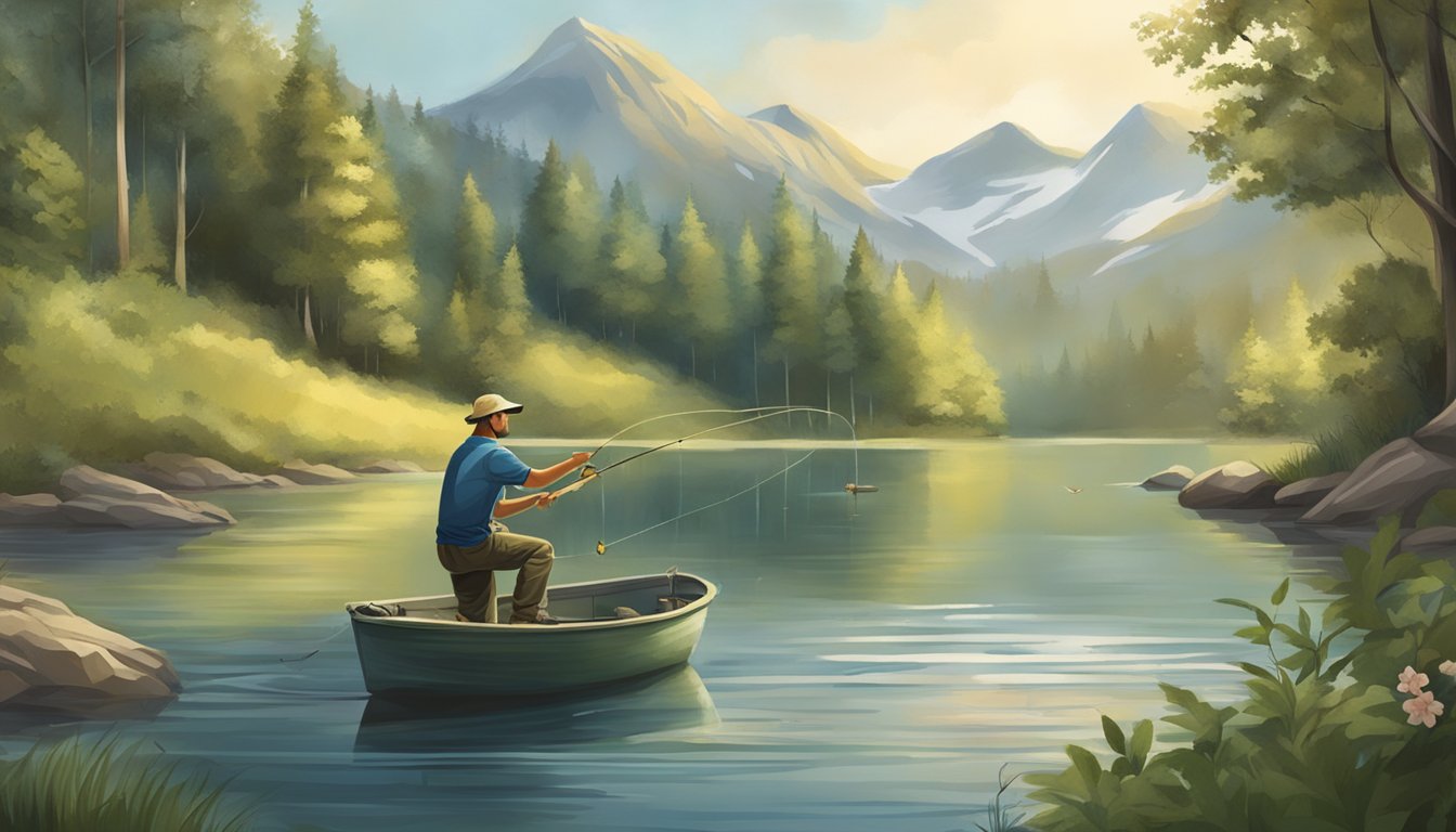 A fisherman carefully releases a caught fish back into the water, surrounded by a peaceful natural environment