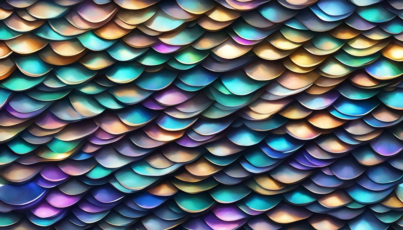 A pile of discarded fish scales arranged in a swirling pattern, catching the light and creating a shimmering, iridescent effect