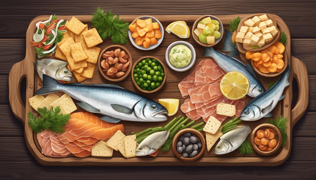 A rustic wooden charcuterie board adorned with an assortment of freshly caught fish and seafood, surrounded by crackers, cheeses, and pickled vegetables