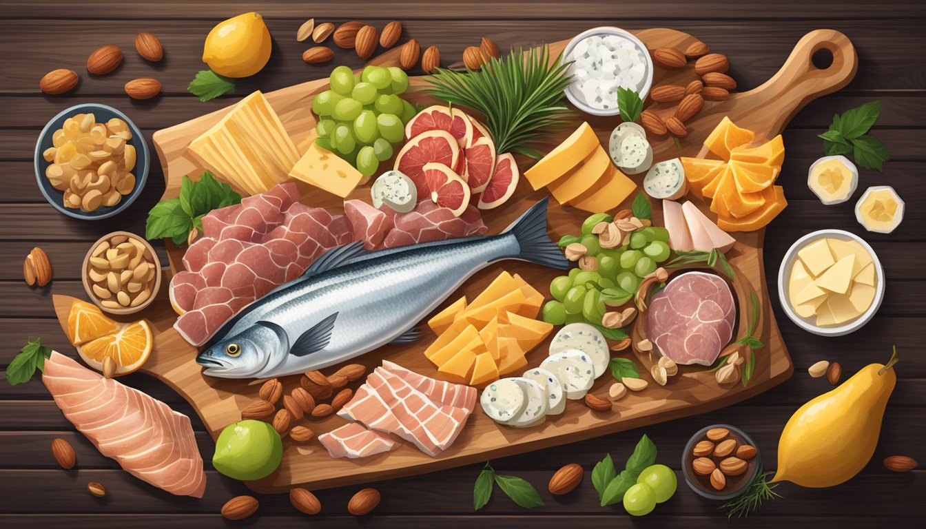 A rustic wooden charcuterie board with an assortment of freshly caught fish, sliced meats, cheeses, fruits, and nuts arranged in an appetizing display