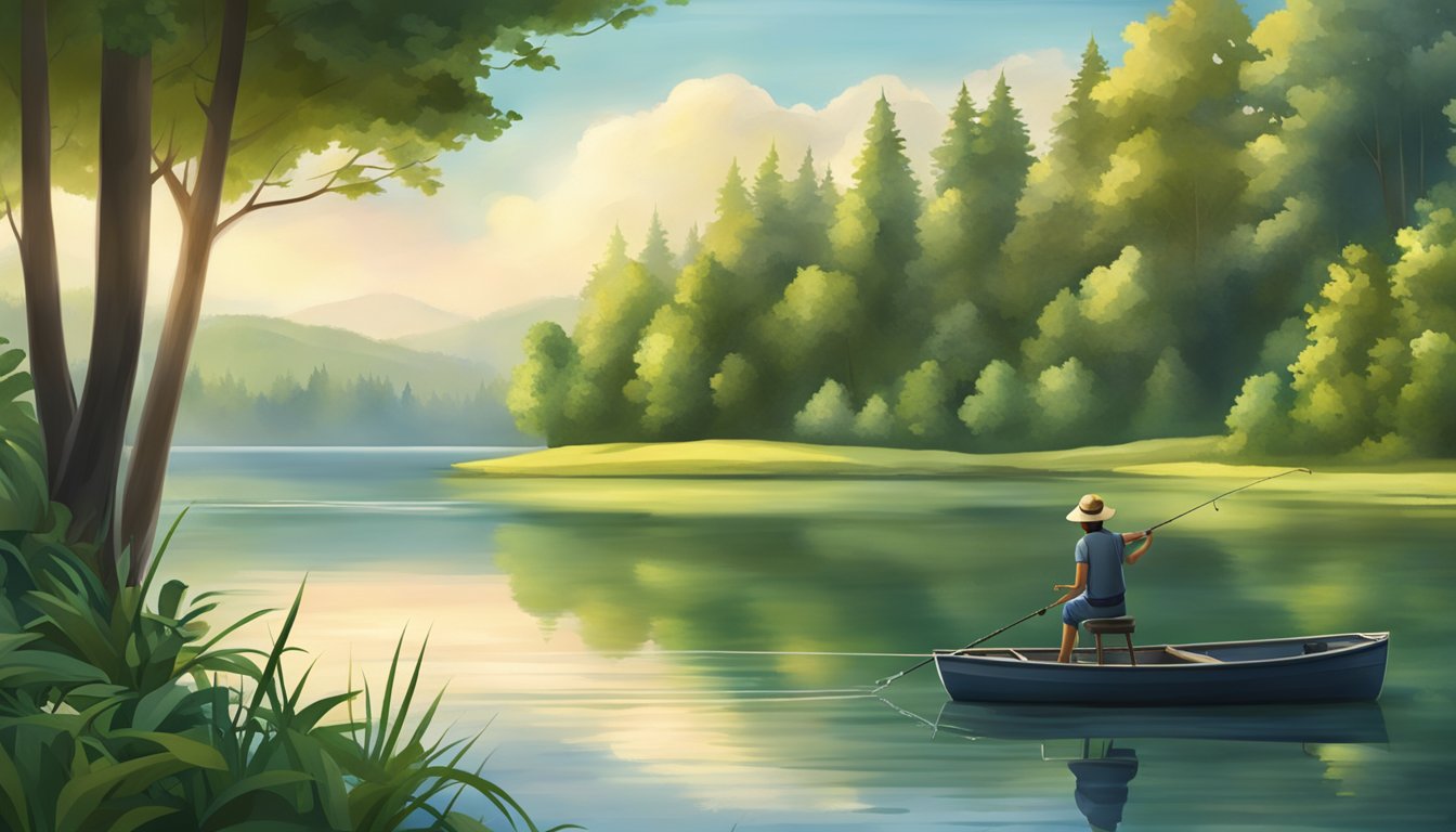 A serene lake with a fishing rod casting into the water, surrounded by lush greenery and a peaceful atmosphere