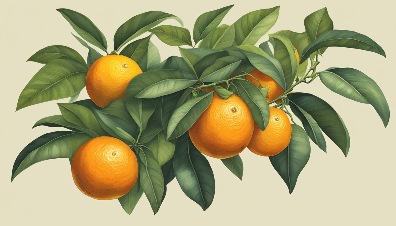 A cluster of oranges, some green and some yellow, hang from a branch, surrounded by leaves. One orange is cut open, revealing its sourness