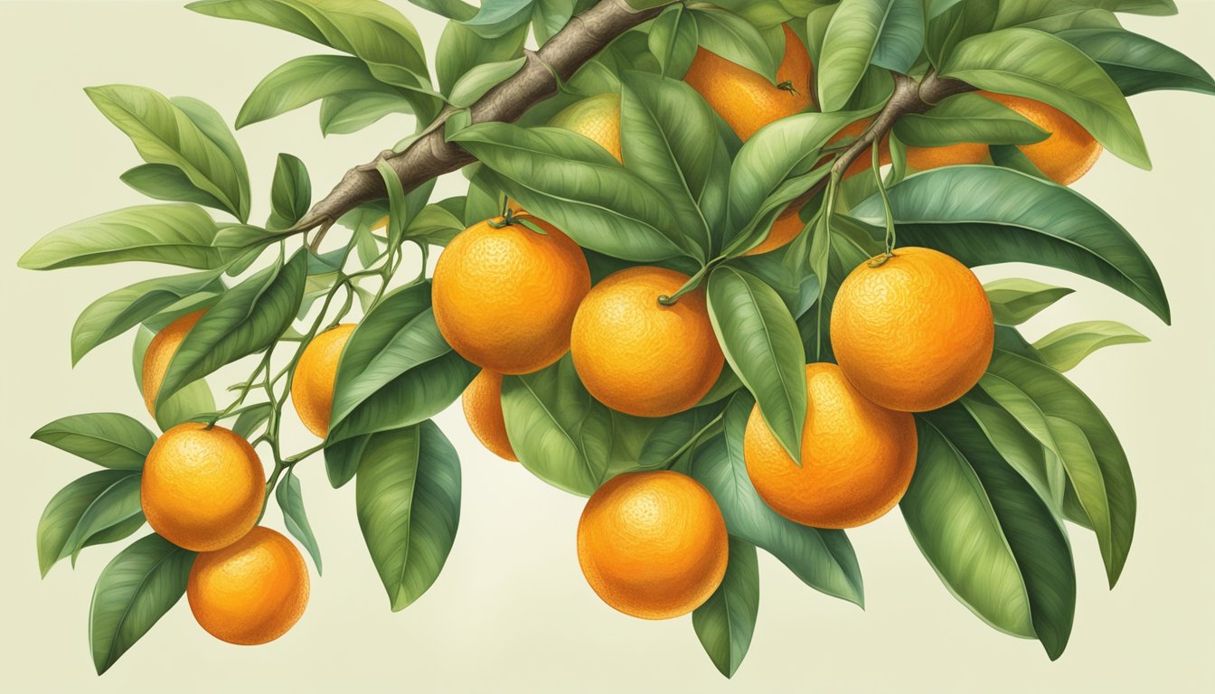 A branch of sour oranges hanging from a tree, with some oranges showing a bright, vibrant orange color and a slightly soft texture