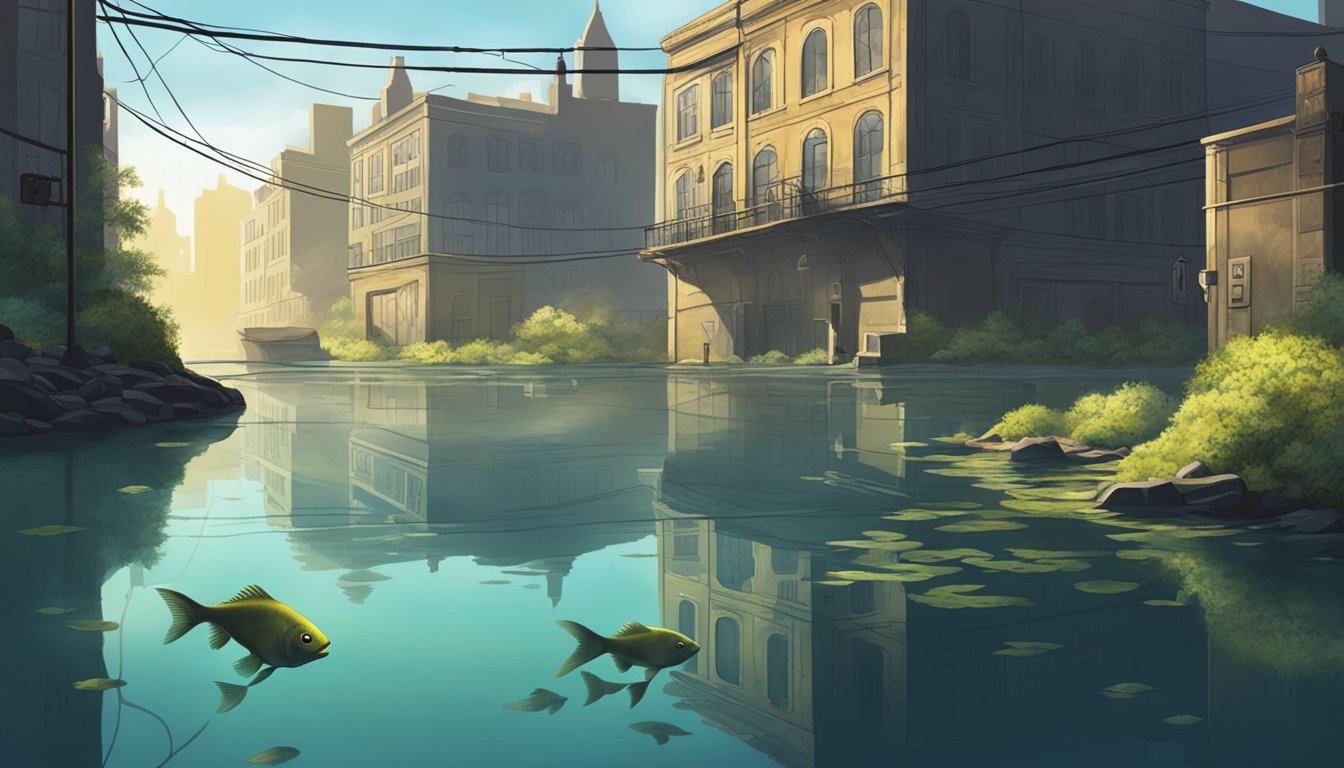 A murky city pond with giant fish and mysterious shadows lurking beneath the surface