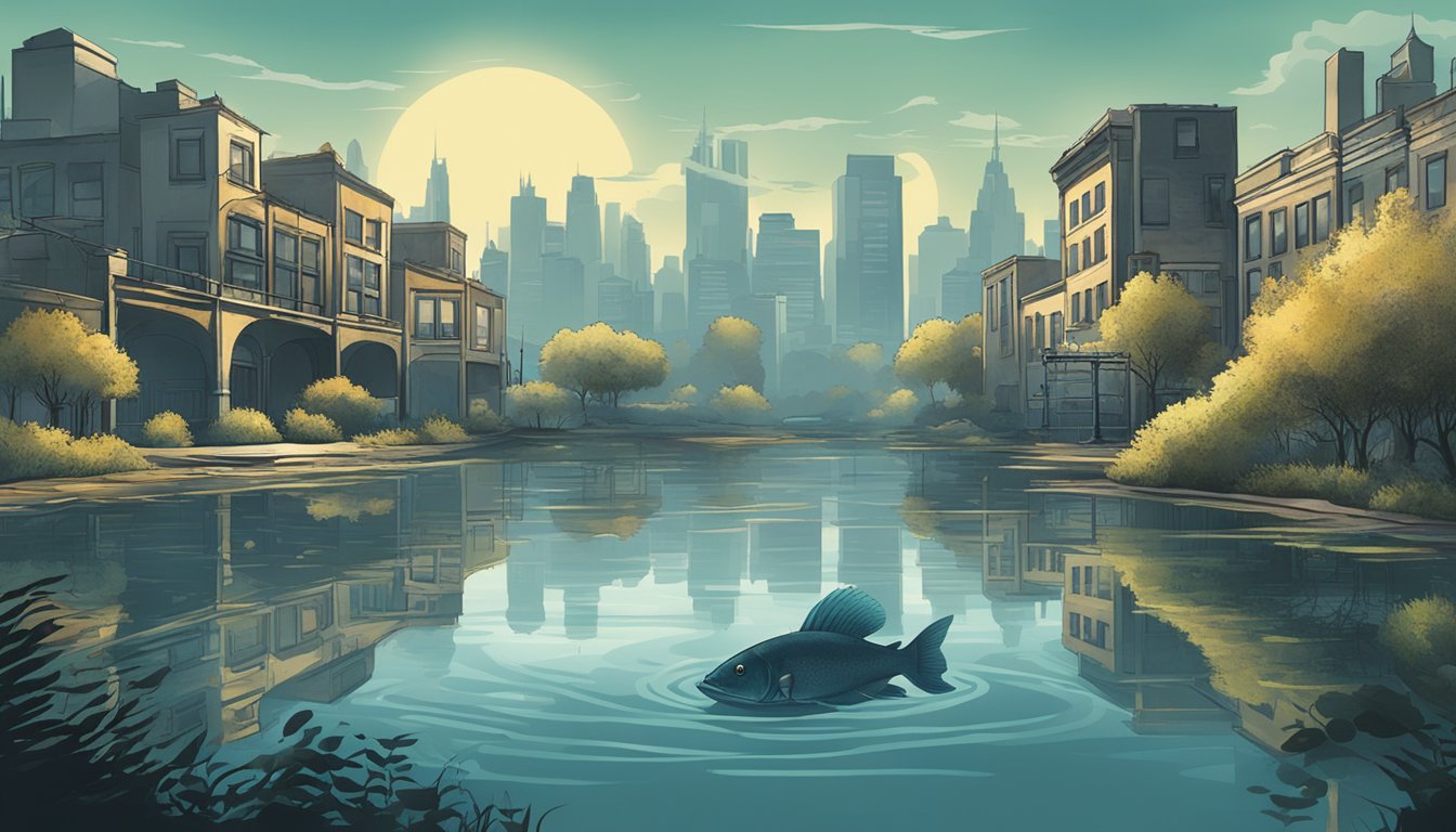 A murky city pond with shadowy figures of oversized fish lurking beneath the surface, surrounded by the urban skyline