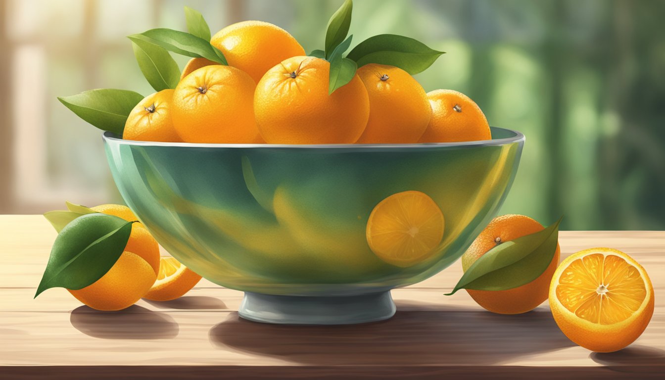 A bowl of sour oranges, some with green patches, others turning yellow, sitting on a wooden table in soft, natural light