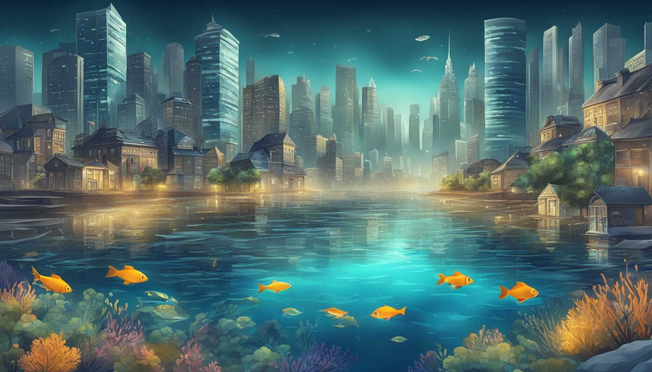 A city skyline with a river flowing through it, filled with various types of fish swimming in the water. A mysterious and eerie atmosphere surrounds the urban setting