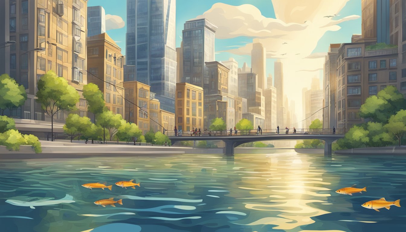 A serene cityscape with a river flowing through it, surrounded by tall buildings and urban infrastructure. Various types of edible fish swim in the clear waters