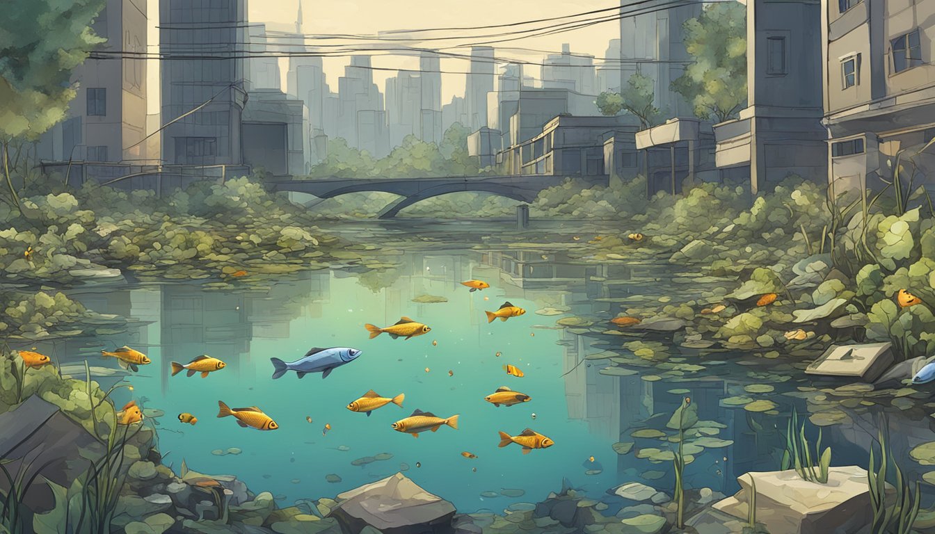 A murky city pond with various edible fish swimming among discarded urban debris