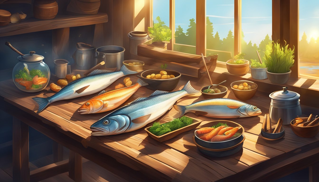 A rustic wooden table holds a variety of fish, a smoker, and various tools for preparing and smoking fish. Sunlight filters through a window, casting a warm glow on the scene