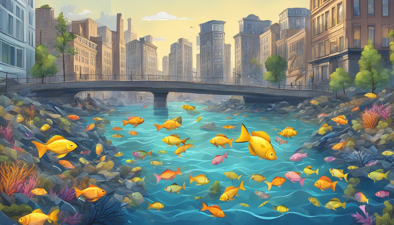 A school of colorful fish swimming among urban buildings and debris in a city river