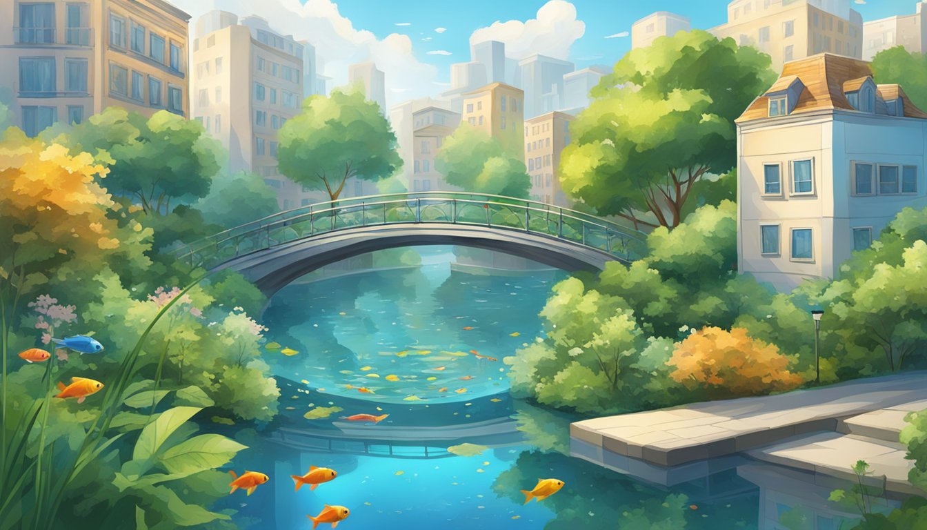 A serene city pond with colorful fish swimming among urban buildings and bridges, surrounded by lush greenery and a clear blue sky