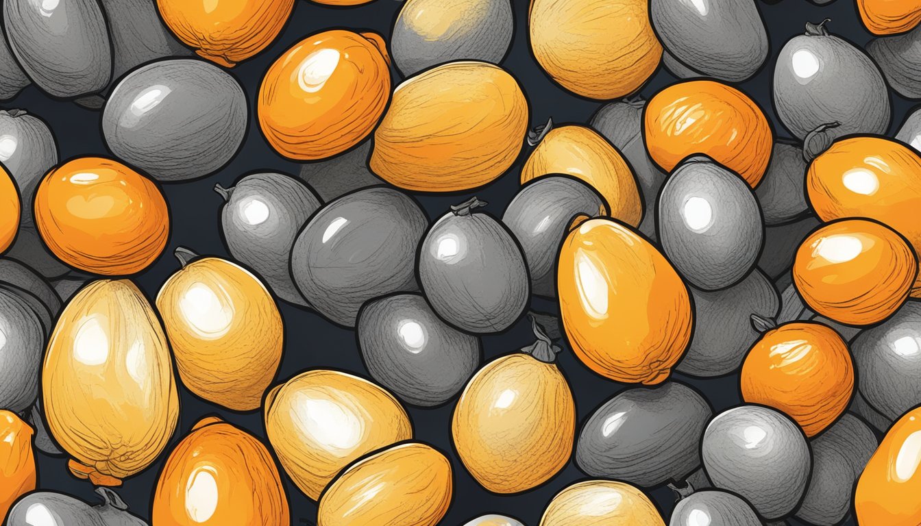 A pile of kumquats in various shades of orange and yellow, some with slightly wrinkled skin, others with a glossy sheen