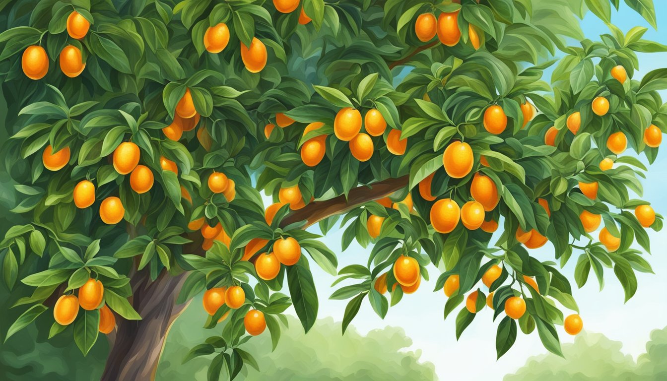 A vibrant kumquat tree with ripe orange fruits hanging from the branches, surrounded by lush green leaves