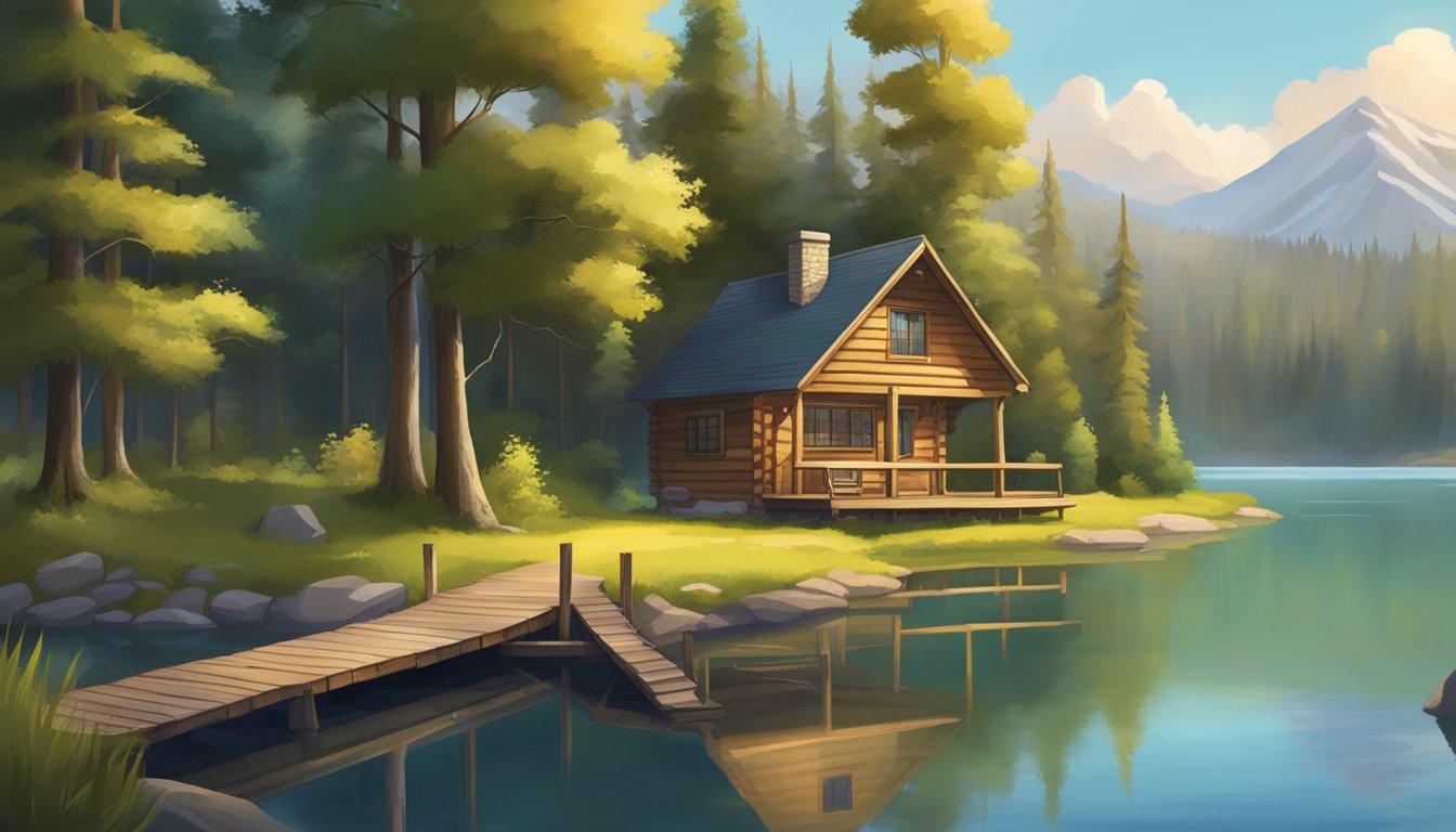 A cozy wooden cabin nestled by a serene lake, with fishing gear and a smoking shed, surrounded by lush greenery and a peaceful atmosphere