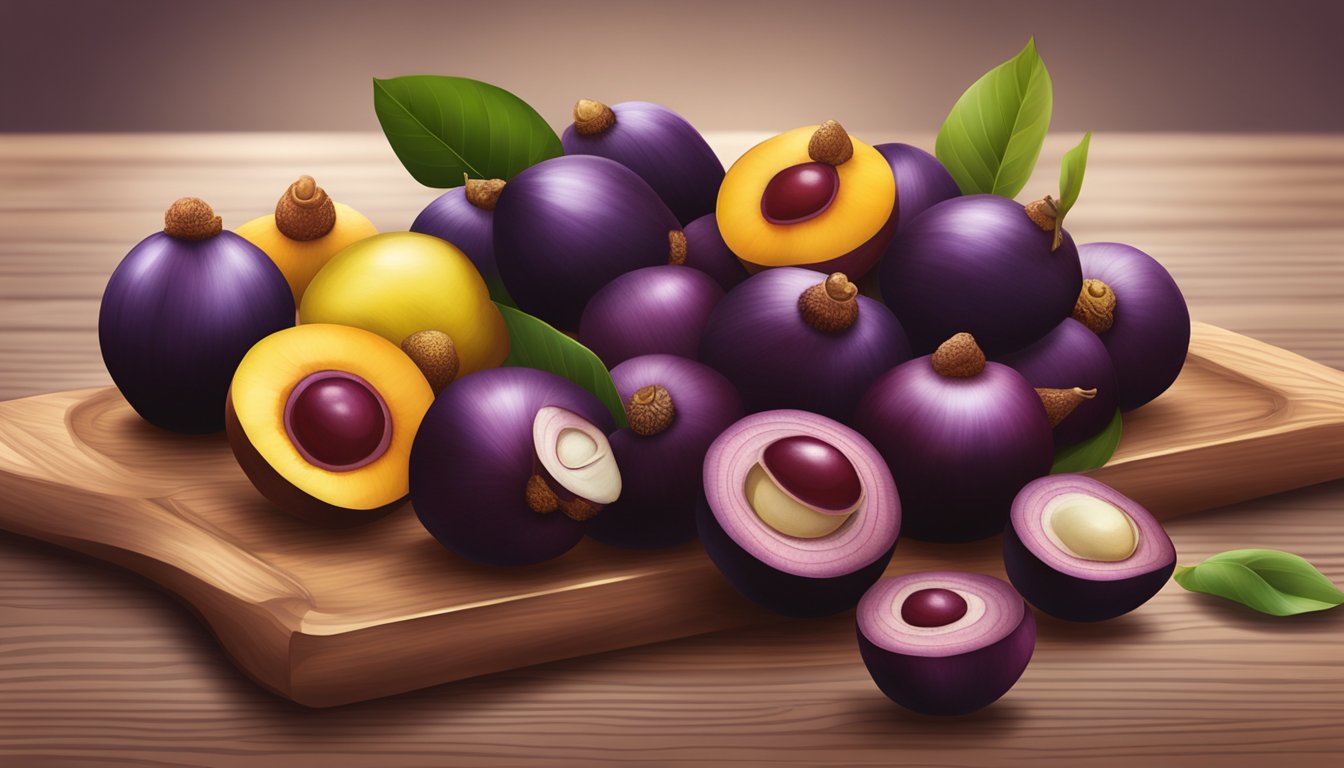 A pile of mangosteens, some with deep purple skin and others with a hint of yellow, arranged on a wooden cutting board