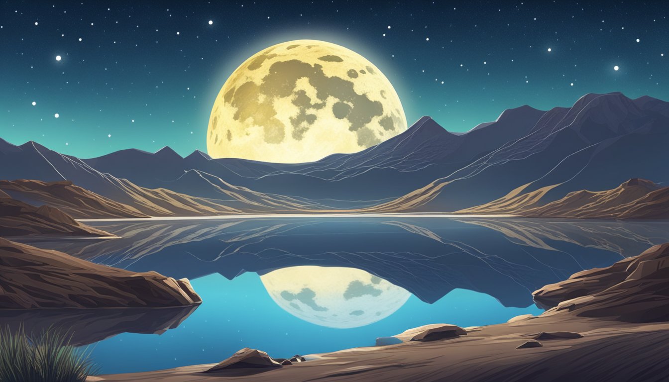 A lunar landscape with a tranquil, crater-filled surface. A fishing line extends into a reflective, glassy crater lake under a starry sky