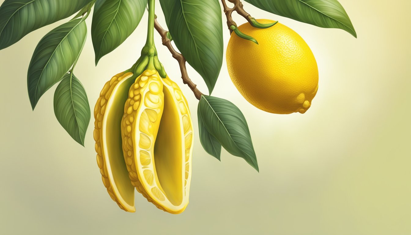 A ripe Buddha's Hand citron hangs from a branch, its yellow fingers curling gracefully, emitting a strong citrus fragrance