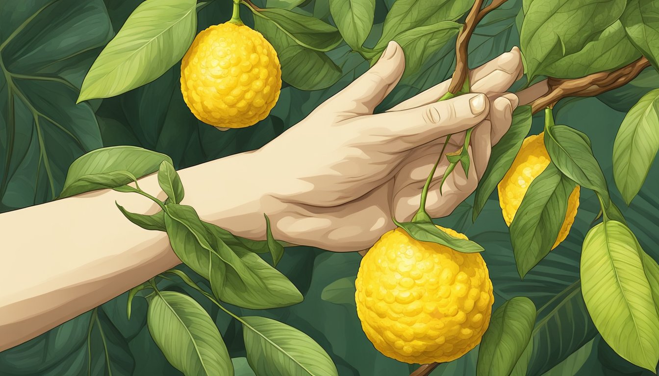 A ripe Buddha's hand citron hanging from a branch, with vibrant yellow skin and a fragrant aroma, surrounded by lush green leaves