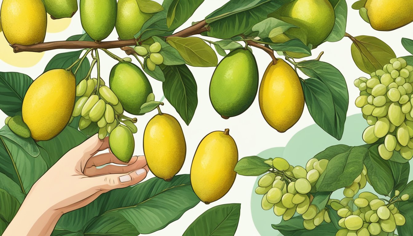 A hand reaching for a ripe finger lime among a cluster of green and yellow fruits on a branch