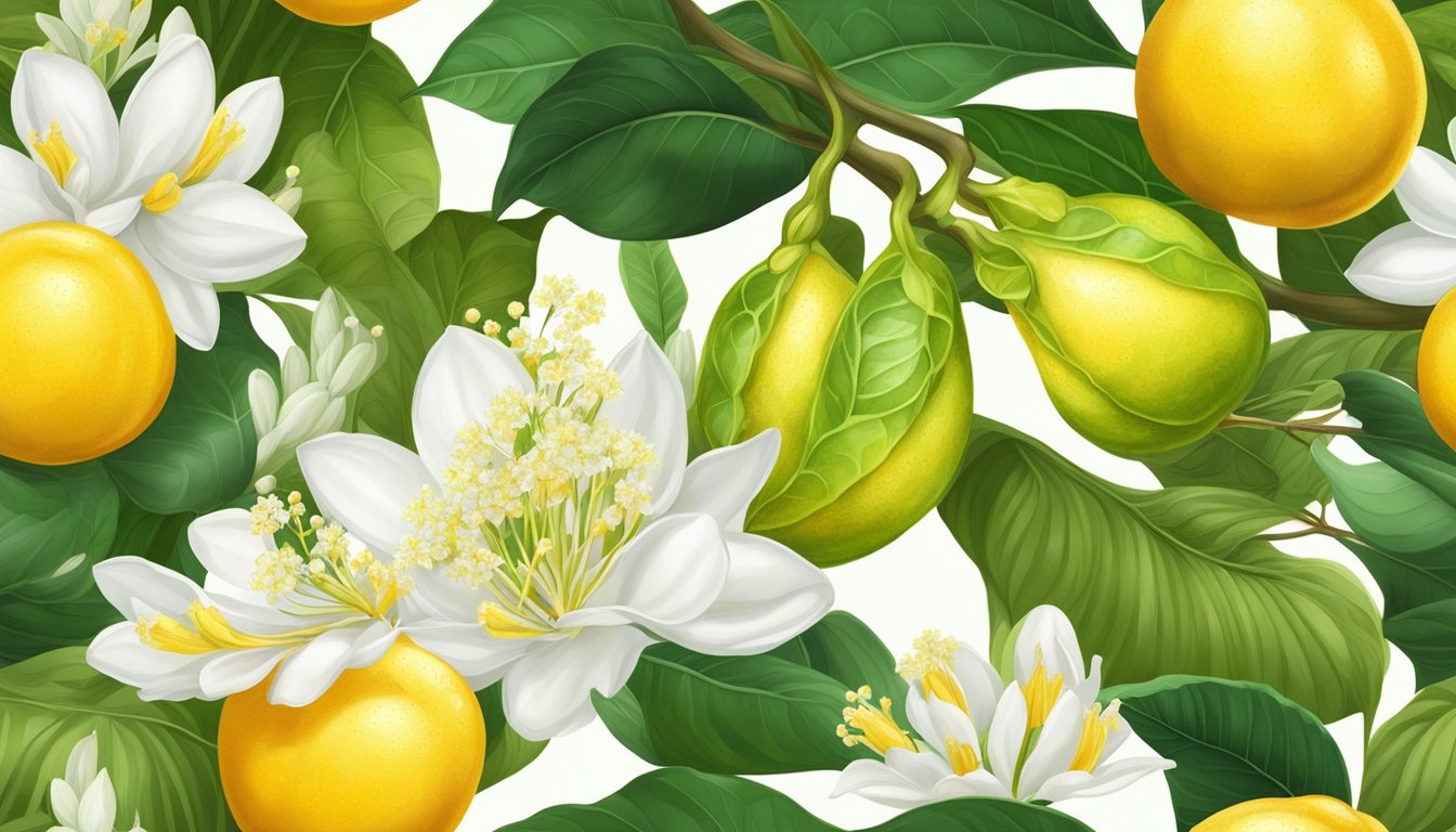 A branch of Buddha's hand citrons, with ripe fruit glowing in the sunlight, surrounded by lush green leaves and delicate white blossoms