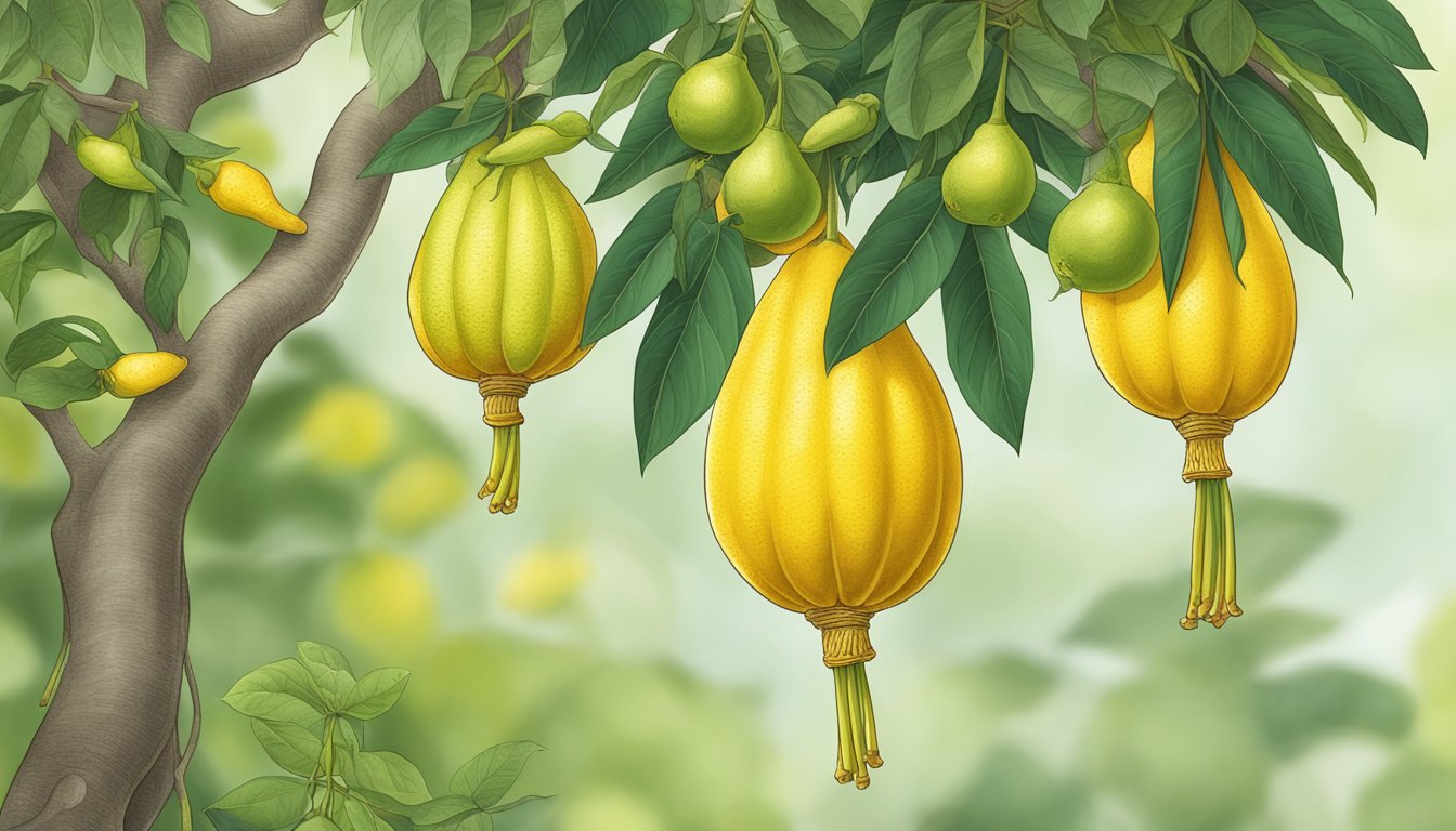 A cluster of buddha's hand citrons hanging from a tree, some yellow and fragrant, others still green and unripe. Surrounding plants show signs of careful pest management and plant care