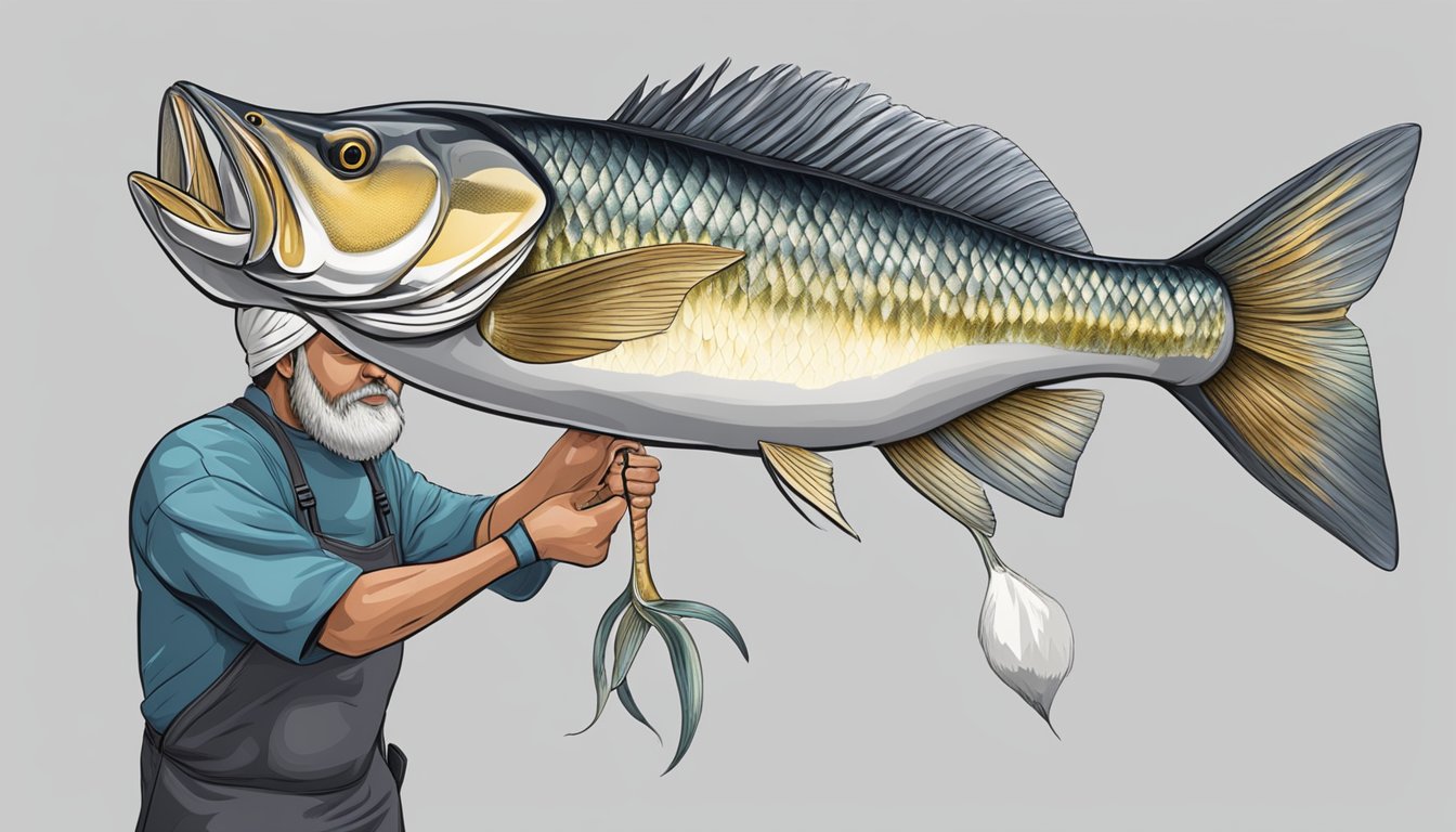 A fisherman fillets a fish, using the entire fish for consumption, including the head, organs, and bones