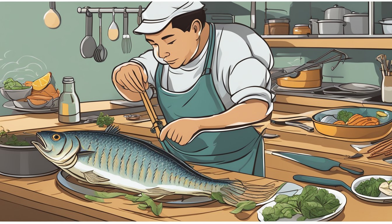 A fisherman fillets a freshly caught fish, utilizing nose-to-tail cooking techniques. The scene includes various cooking tools and ingredients for a fish recipe