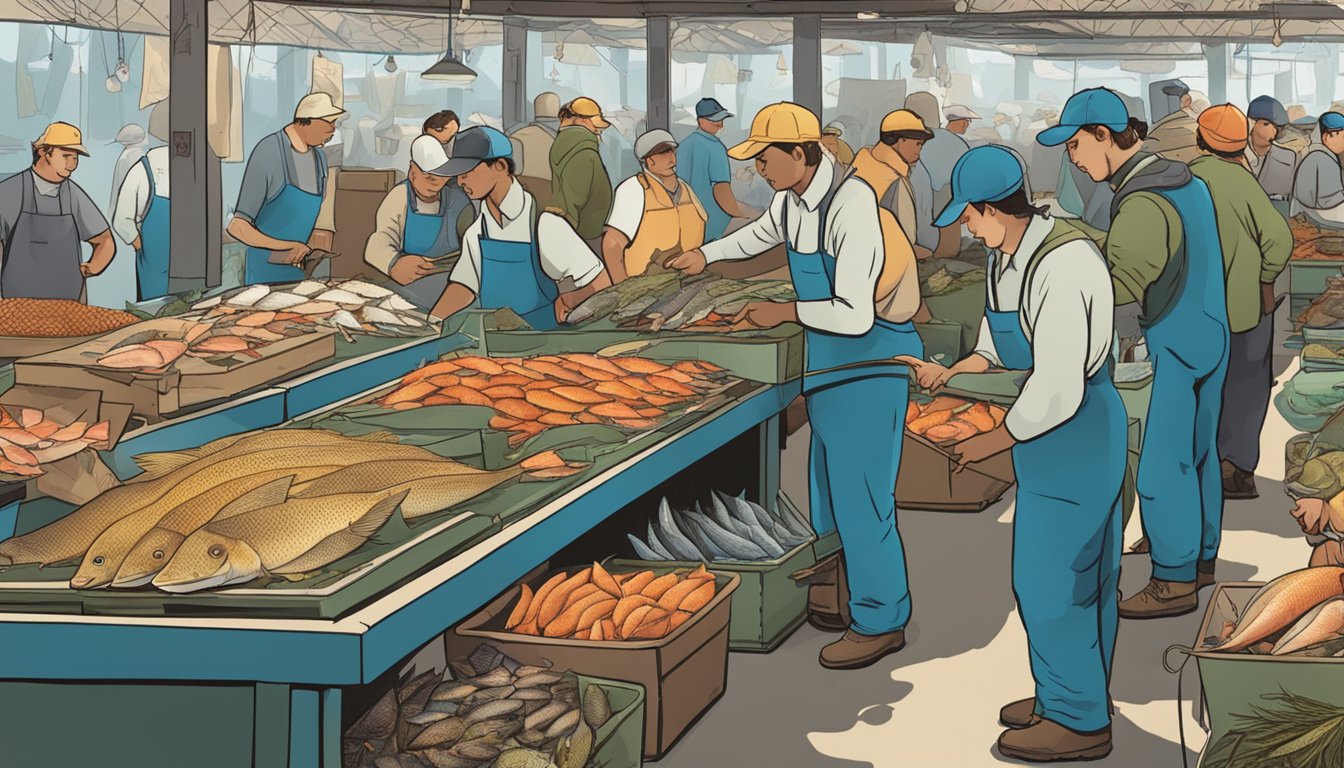 A fish market bustling with activity as workers showcase various fish parts, emphasizing the concept of nose-to-tail eating for anglers