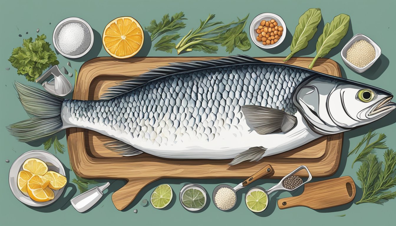 A table set with a whole fish, surrounded by various kitchen tools and ingredients, ready for nose-to-tail cooking