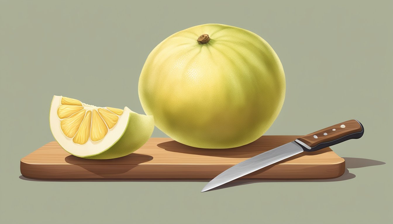 A pomelo sits on a wooden cutting board. Its pale yellow skin is smooth and slightly firm to the touch. A small knife is nearby, ready to slice into the fruit