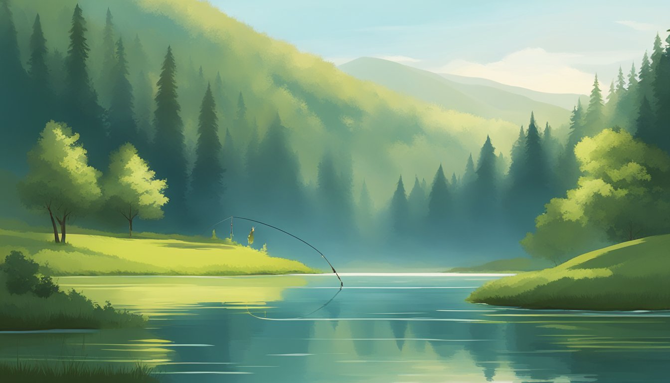 A serene lake with a lone fishing rod casting into the water, surrounded by lush greenery and the tranquility of nature