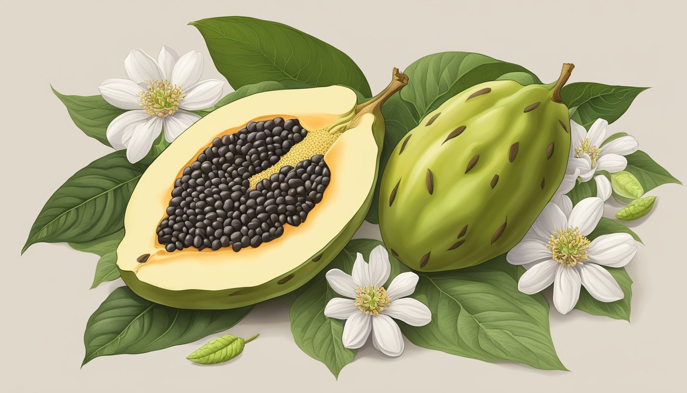 A ripe pawpaw with seeds and juicy flesh, surrounded by leaves and flowers