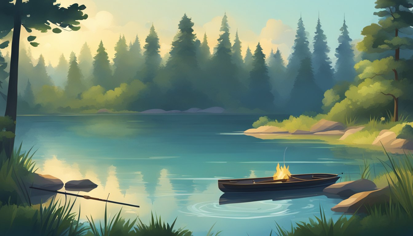 A serene lake surrounded by lush greenery, with a fishing rod and a small campfire set up on the shore. The water is calm, reflecting the clear blue sky above