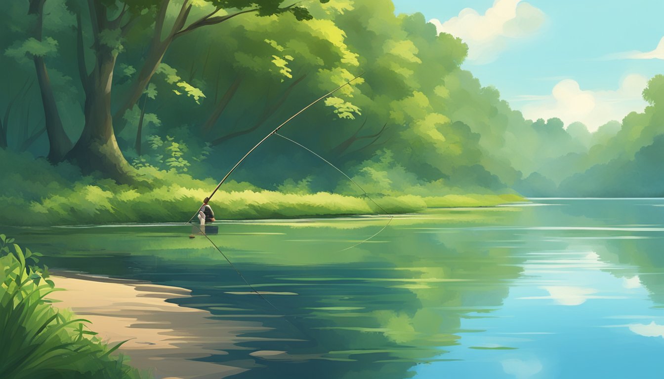 A serene riverbank with a lone fishing rod, surrounded by lush greenery and wildlife. The water is calm, reflecting the clear blue sky above