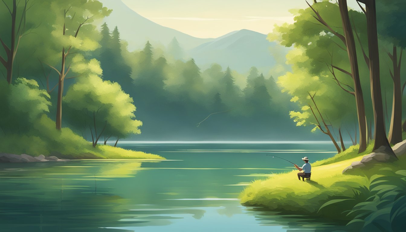 A serene lake with a lone fishing rod casting into the water, surrounded by lush greenery and the gentle sounds of nature