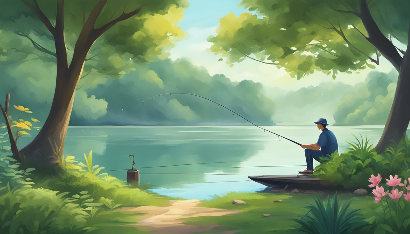 A serene lakeside with a lone fishing rod and bait, surrounded by lush greenery and wildlife. The water is calm, reflecting the peaceful atmosphere of the community and culture catch-and-eat meditation