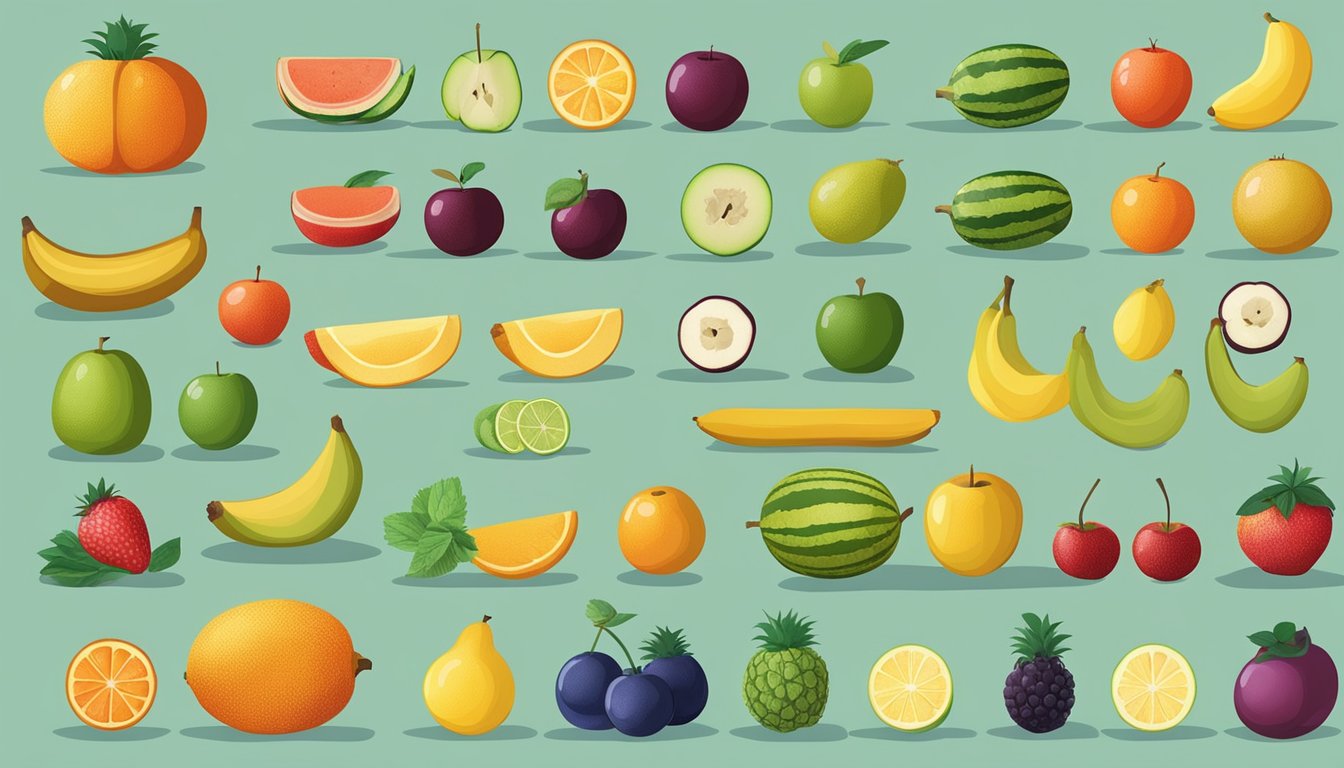 A variety of fruits arranged in a row, with sapotes placed next to others of different ripeness, showcasing the visual differences