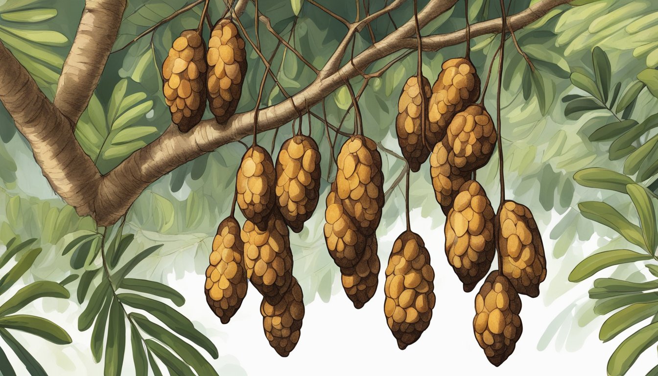 A cluster of tamarind pods hanging from a tree, some cracked open to reveal the ripe, brown pulp inside