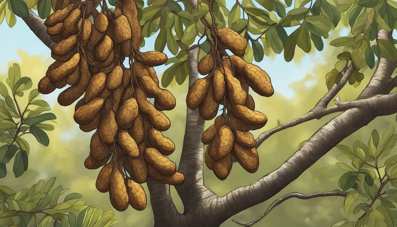 A cluster of tamarind pods hanging from a tree, some showing a brown, brittle shell, others cracked open to reveal the sticky, dark brown pulp inside