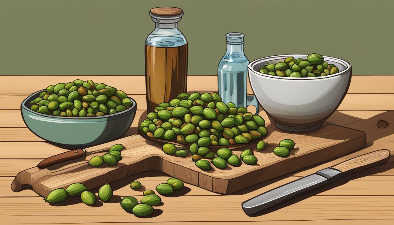 A pile of tamarinds, some ripe and some unripe, scattered on a wooden cutting board next to a knife and a bowl of water for soaking