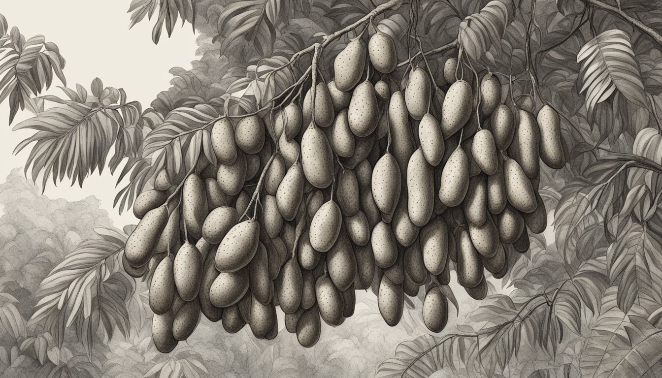 A cluster of tamarind pods hang from a tree, some showing a deep brown color and slight wrinkles, indicating ripeness