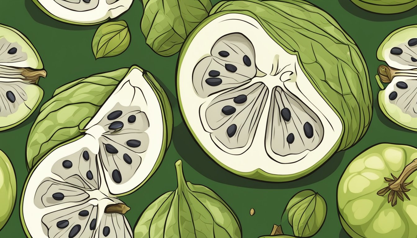 A cherimoya cut open with creamy flesh and seeds, surrounded by a few ripe cherimoyas and a few unripe ones