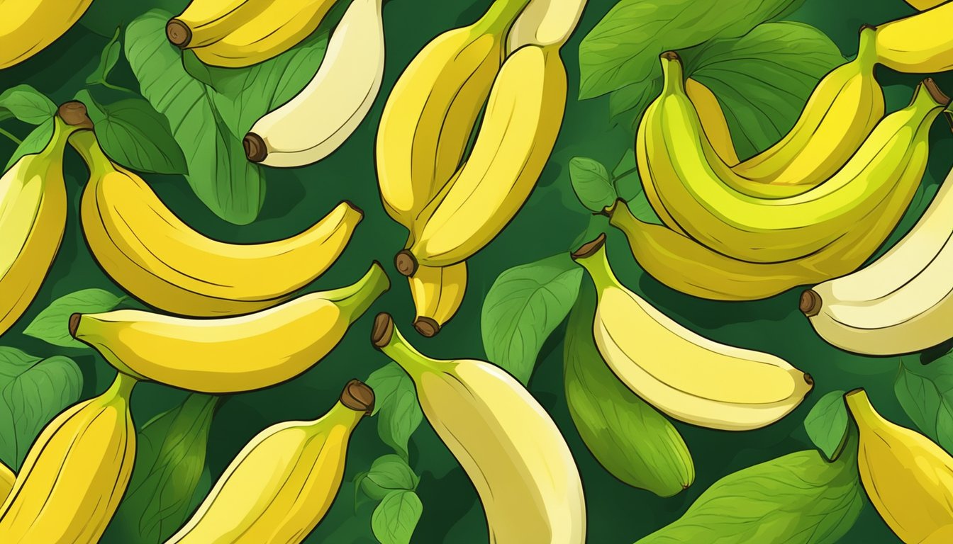 A bunch of manzano bananas, varying in color from green to yellow, with a sweet aroma emanating from the ripe ones