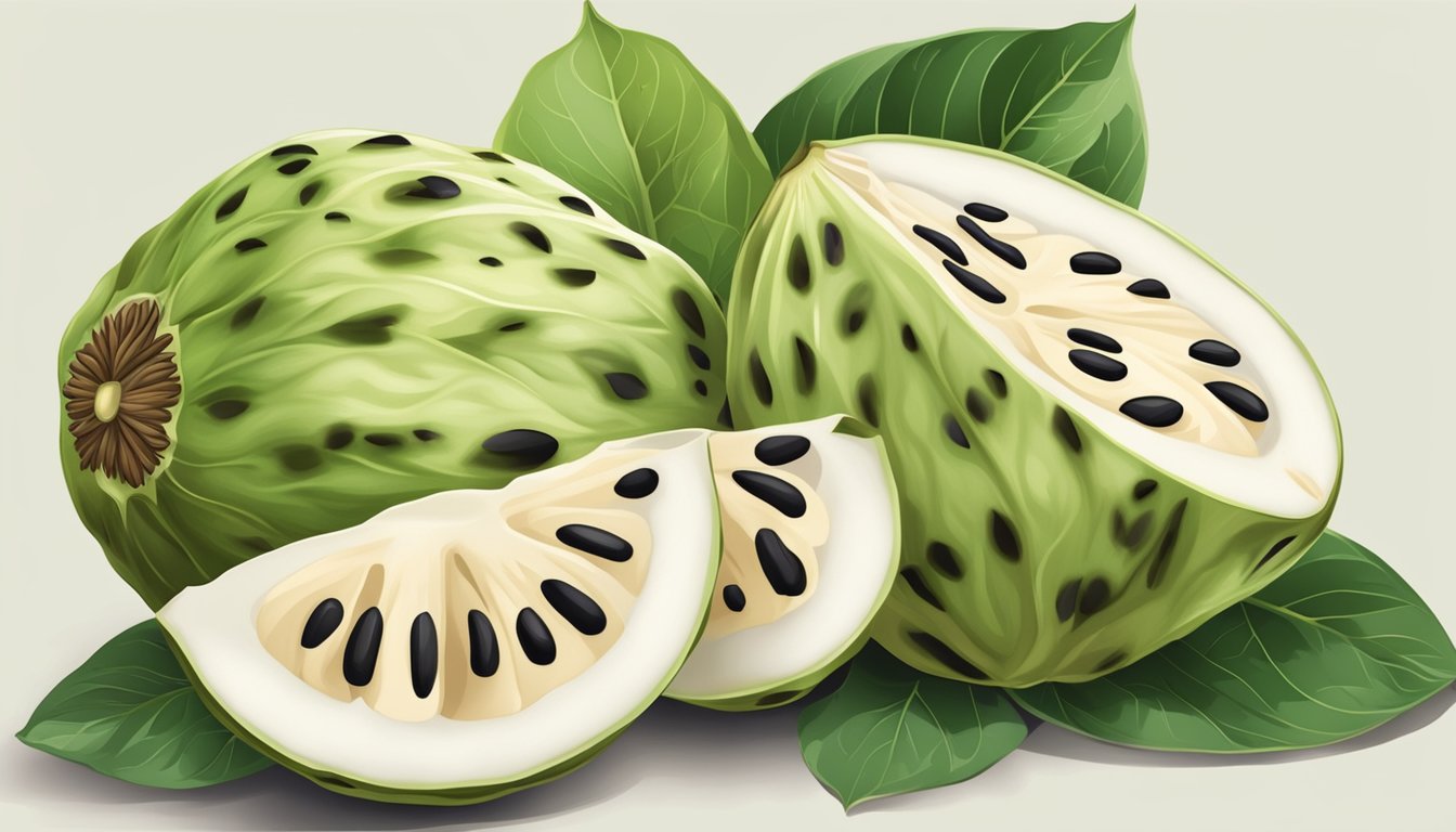 A cherimoya cut open with creamy, white flesh and dark seeds, emitting a sweet aroma