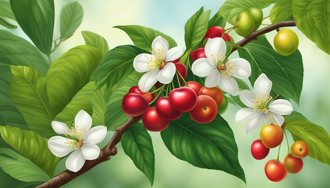 A branch of Surinam cherries with ripe and unripe fruit, leaves, and flowers, against a background of lush foliage