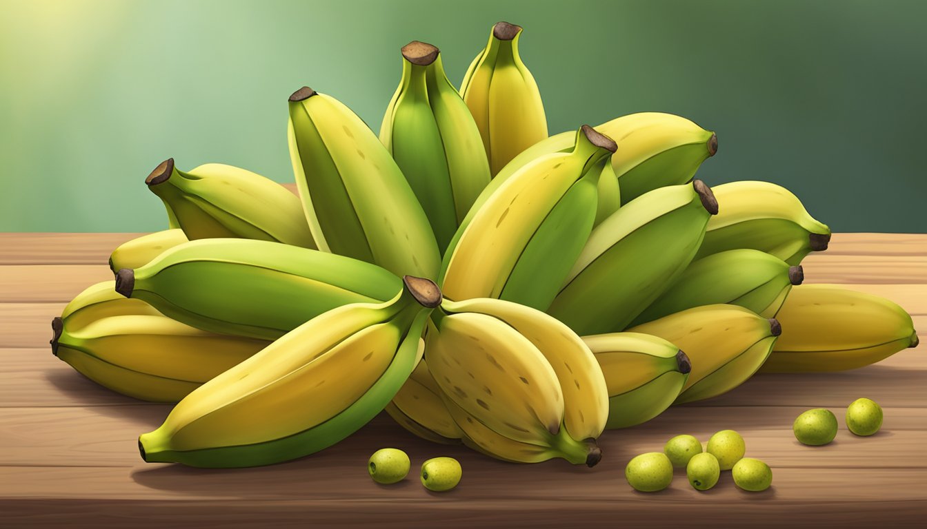 A cluster of manzano bananas at different ripeness levels, from green to yellow with brown spots, displayed on a wooden table