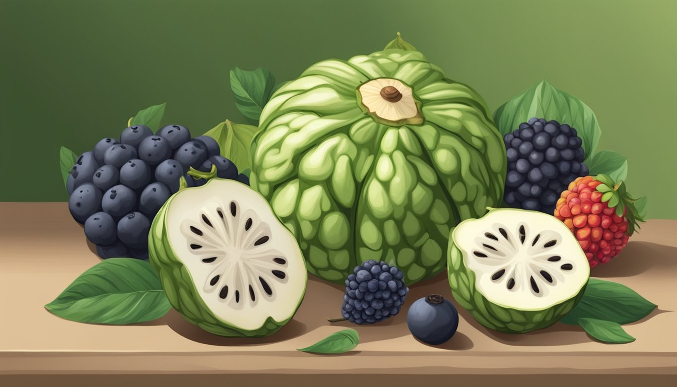 A ripe cherimoya with creamy flesh and a sweet aroma, surrounded by a variety of fruits and a measuring tool to show its size