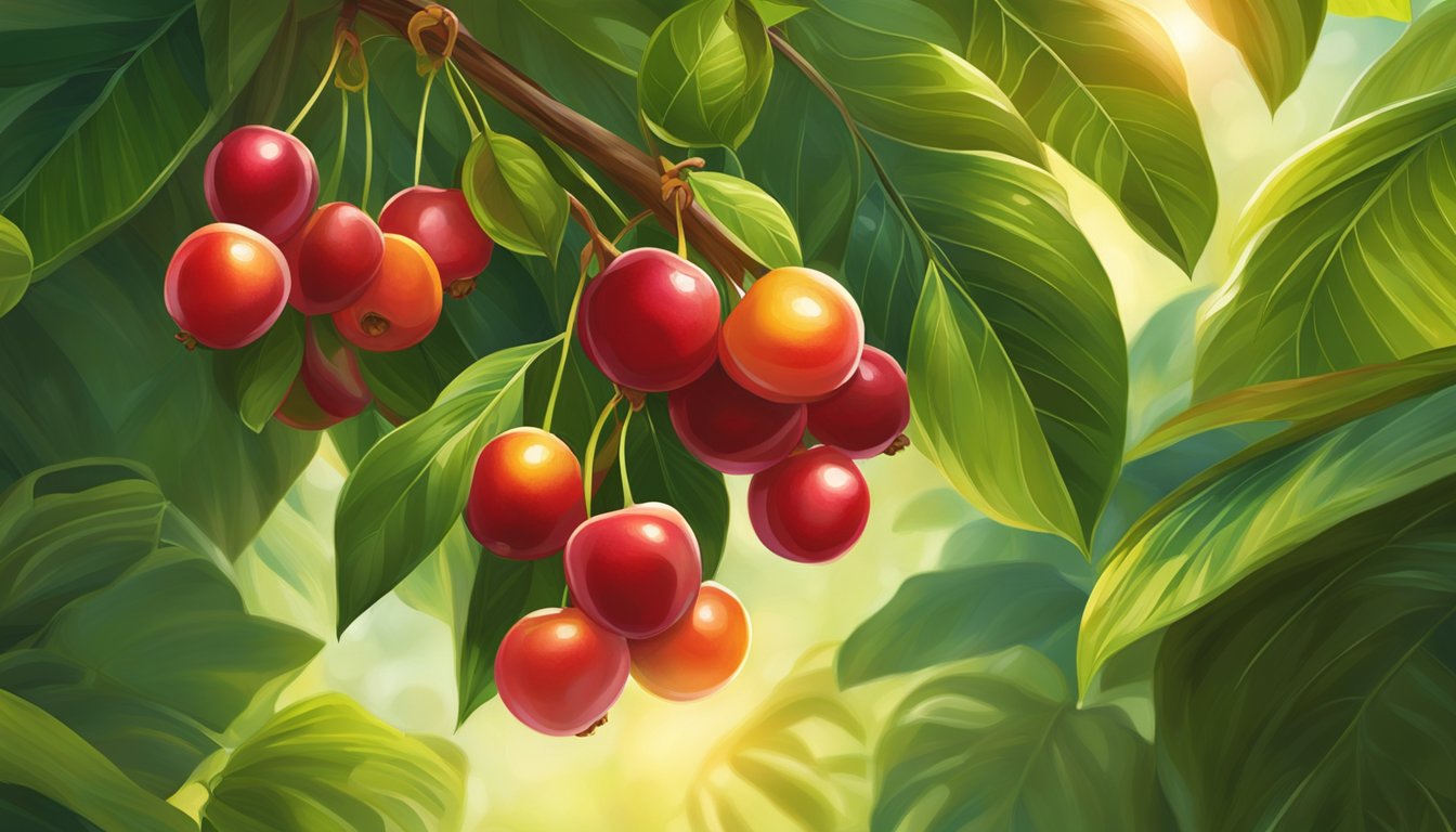 A cluster of ripe surinam cherries hanging from a branch, surrounded by lush green leaves under the warm glow of sunlight